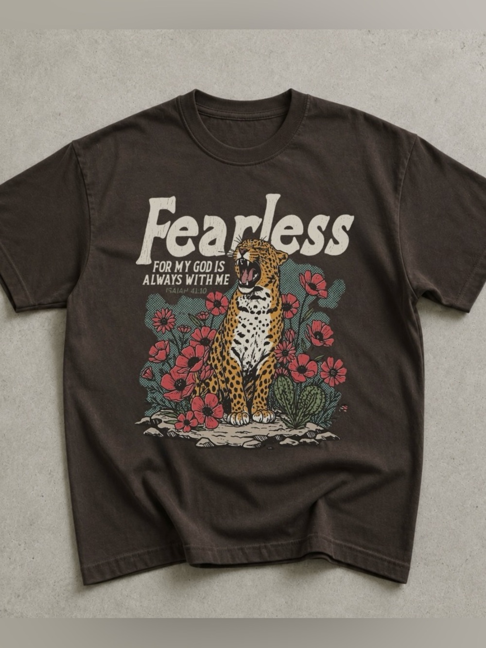 Fearless Leopard Floral Christian Bible Verses Graphic Tee
